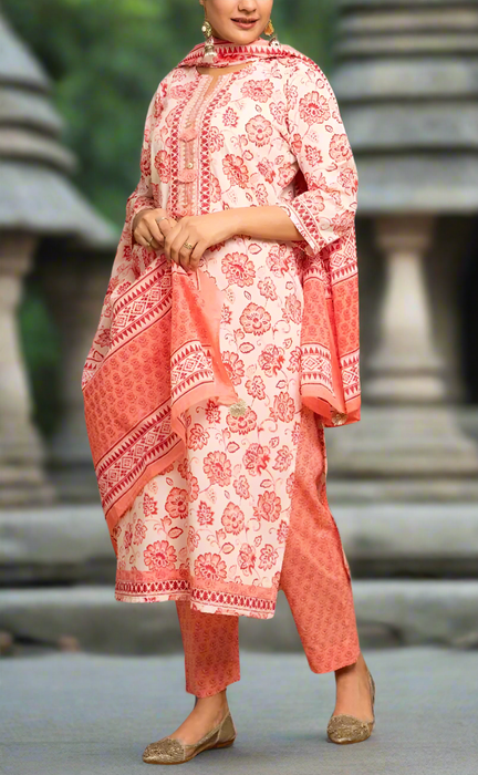 Peach/White Kurti With Pant And Dupatta Set .Pure Versatile Cotton. | Laces and Frills - Laces and Frills