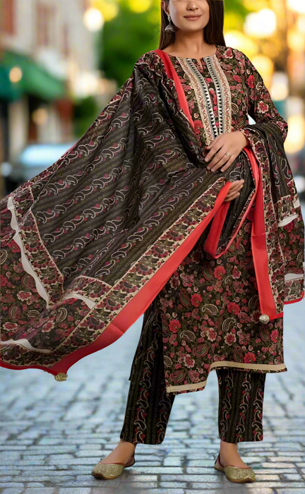 Black/Red Flora Kurti With Pant And Dupatta Set. Pure Versatile Cotton. | Laces and Frills - Laces and Frills