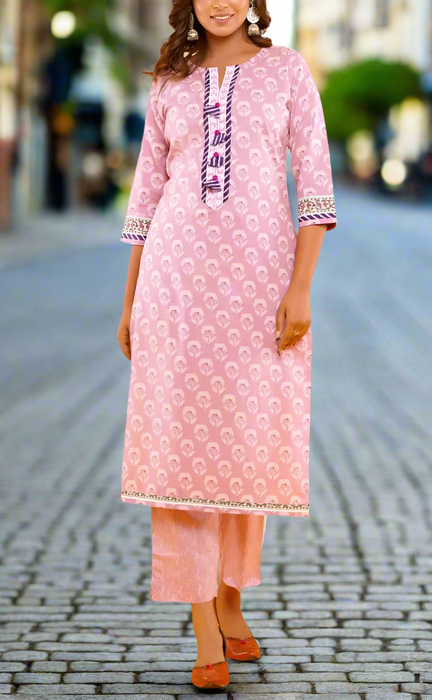 Lavender Pink Floral Kurti With Pant Set.Pure Versatile Cotton. | Laces and Frills - Laces and Frills