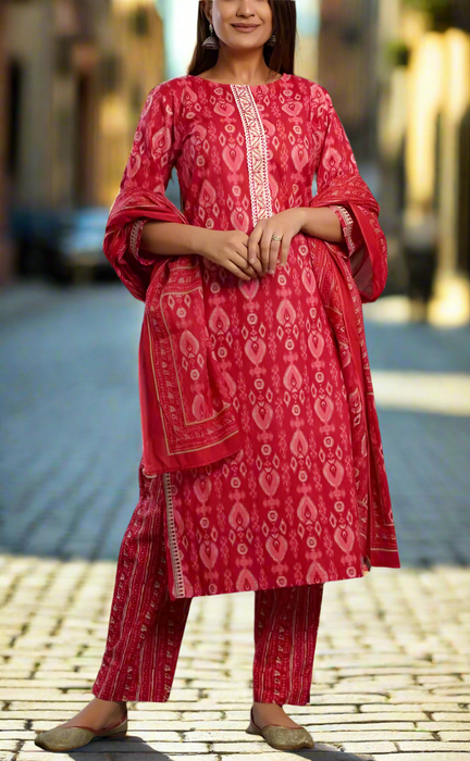 Red Ikkat Kurti With Pant And Dupatta Set. Pure Versatile Cotton. | Laces and Frills - Laces and Frills