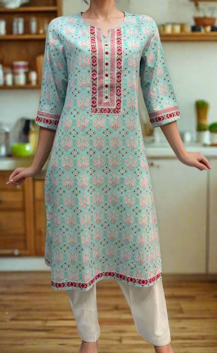 Sea Green Flora Cotton Kurti. Pure Versatile Cotton. | Laces and Frills