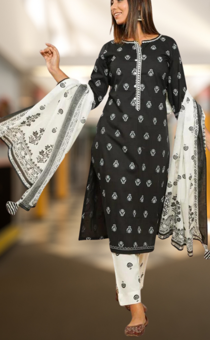 Black Motif Kurti With Pant And Dupatta Set  .Pure Versatile Cotton. | Laces and Frills - Laces and Frills