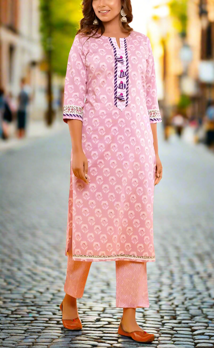 Lavender Pink Floral Kurti With Pant Set.Pure Versatile Cotton. | Laces and Frills - Laces and Frills