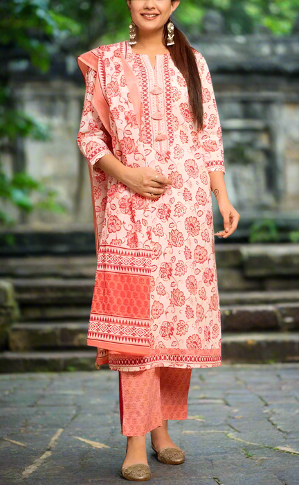 Peach/White Kurti With Pant And Dupatta Set .Pure Versatile Cotton. | Laces and Frills - Laces and Frills