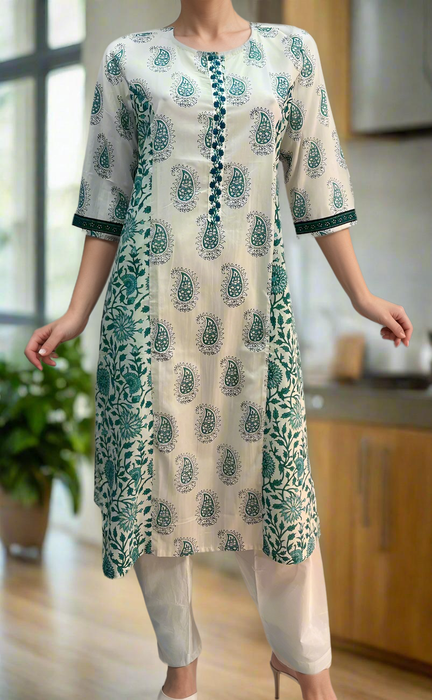 White/Sea Green Motif Cotton Kurti. Pure Versatile Cotton. | Laces and Frills