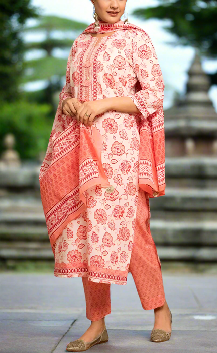 Peach/White Kurti With Pant And Dupatta Set .Pure Versatile Cotton. | Laces and Frills - Laces and Frills