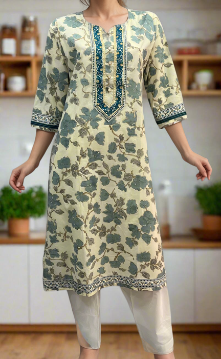 Grey/Blue Flora Cotton Kurti. Pure Versatile Cotton. | Laces and Frills