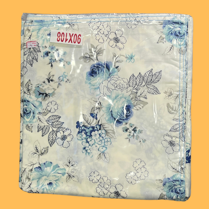 White/Blue Floral Garden Double Bedsheet with Pillow Covers/90" x 108"