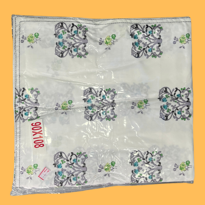 White/Grey/Blue Floral Double Bedsheet with Pillow Covers/90" x 108"