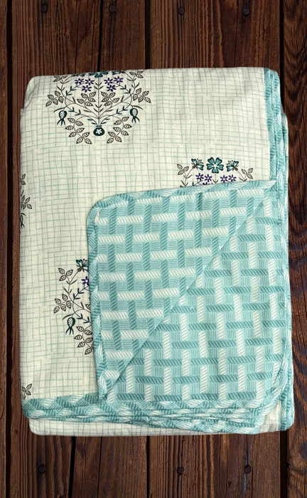 Blanket | Dohar. Off White/Sea Green Garden, Soft & Cozy. One Double bed Reversible | Laces and Frills