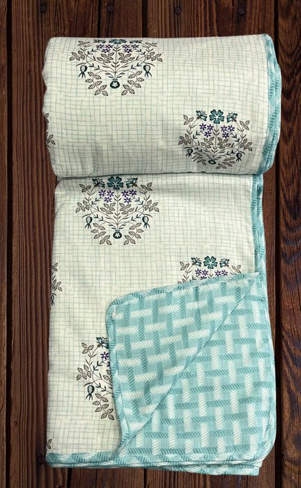 Blanket | Dohar. Off White/Sea Green Garden, Soft & Cozy. One Double bed Reversible | Laces and Frills