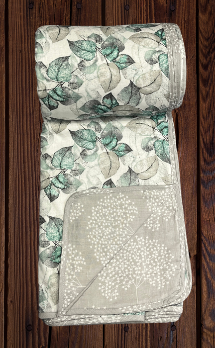 Blanket | Dohar. Grey/Green Garden, Soft & Cozy. One Double bed Reversible | Laces and Frills