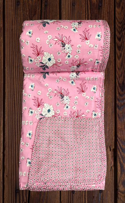 Blanket | Dohar. Pink Flora, Soft & Cozy. One Double bed Reversible | Laces and Frills