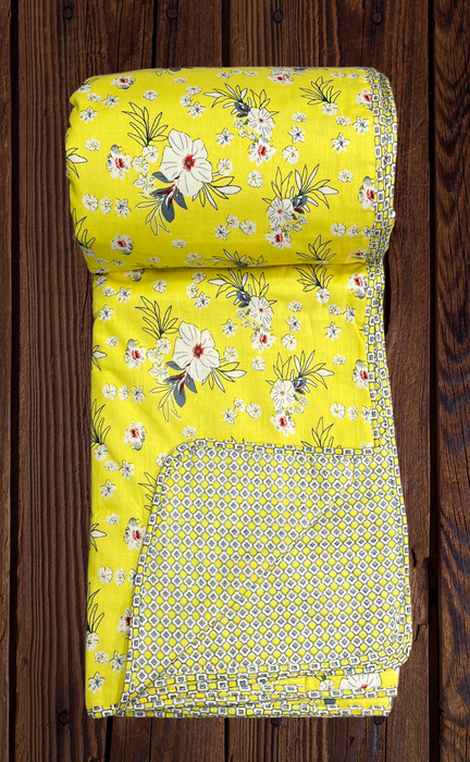 Blanket | Dohar. Yellow Flora, Soft & Cozy. One Double bed Reversible | Laces and Frills