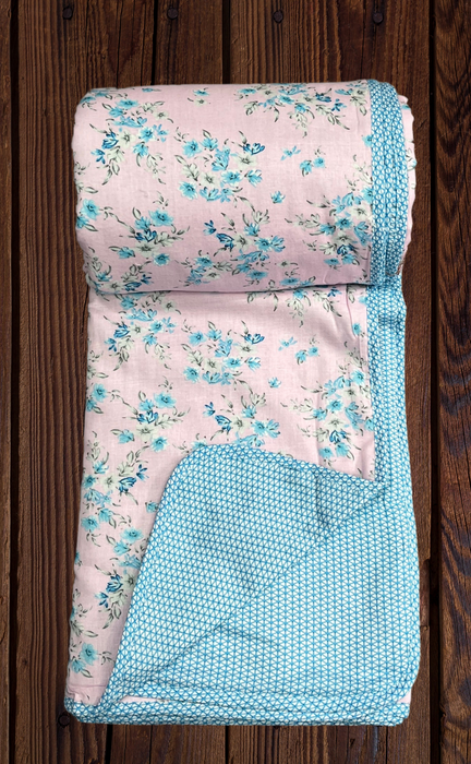 Blanket | Dohar. Pink/Sky Blue Flora, Soft & Cozy. One Double bed Reversible | Laces and Frills