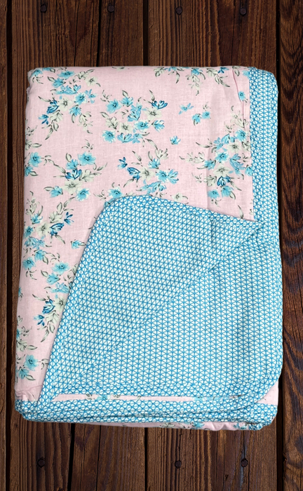 Blanket | Dohar. Pink/Sky Blue Flora, Soft & Cozy. One Double bed Reversible | Laces and Frills