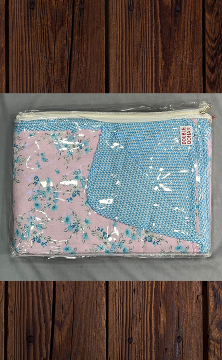 Blanket | Dohar. Pink/Sky Blue Flora, Soft & Cozy. One Double bed Reversible | Laces and Frills