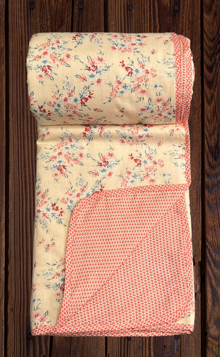 Blanket | Dohar. Peach/Orange Flora, Soft & Cozy. One Double bed Reversible | Laces and Frills