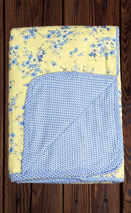 Blanket | Dohar. Light Yellow/Blue Flora, Soft & Cozy. One Double bed Reversible | Laces and Frills