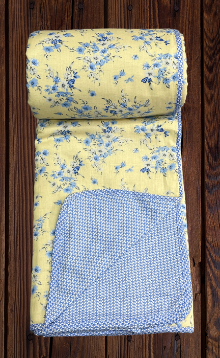 Blanket | Dohar. Light Yellow/Blue Flora, Soft & Cozy. One Double bed Reversible | Laces and Frills