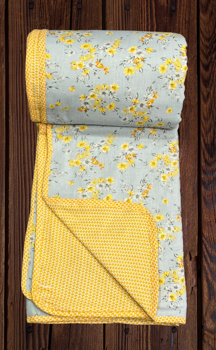 Blanket | Dohar. Grey/Yellow Flora, Soft & Cozy. One Double bed Reversible | Laces and Frills