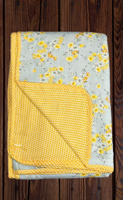 Blanket | Dohar. Grey/Yellow Flora, Soft & Cozy. One Double bed Reversible | Laces and Frills