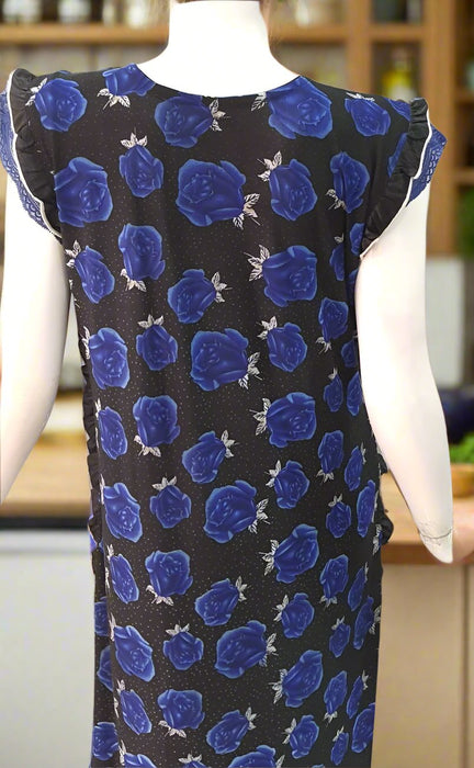 Black/Blue Roses Lycra Soft Extra Large Nighty . Stretchable Lycra Fabric | Laces and Frills - Laces and Frills