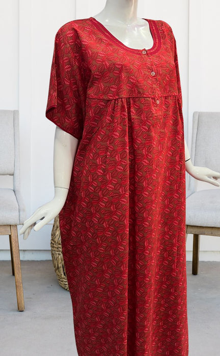 Red Leafy Soft Cotton Nighty. Soft Breathable Fabric | Laces and Frills - Laces and Frills