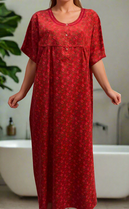 Red Leafy Soft Cotton Nighty. Soft Breathable Fabric | Laces and Frills