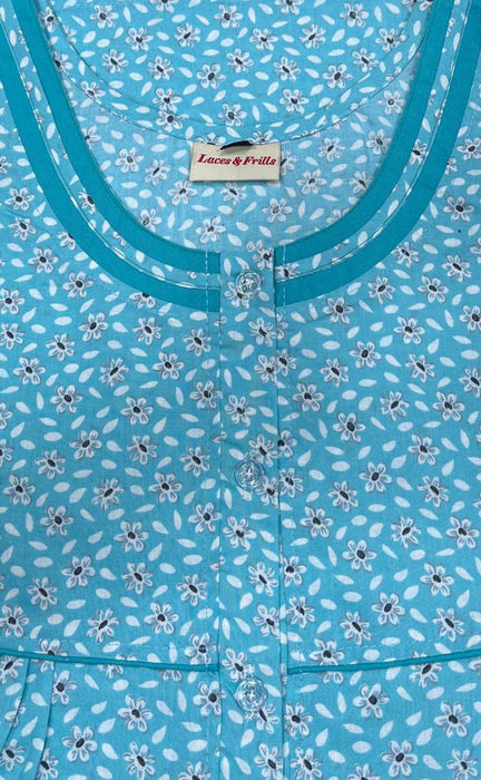 Sky Blue Tiny Floral Soft Cotton Nighty. Soft Breathable Fabric | Laces and Frills - Laces and Frills