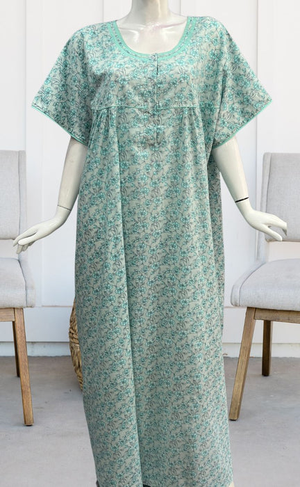 Sea Green/Grey Garden Soft Cotton Nighty. Soft Breathable Fabric | Laces and Frills - Laces and Frills