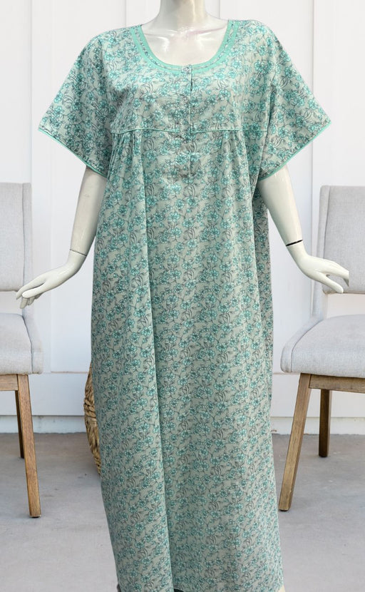 Sea Green/Grey Garden Soft Cotton Nighty. Soft Breathable Fabric | Laces and Frills - Laces and Frills