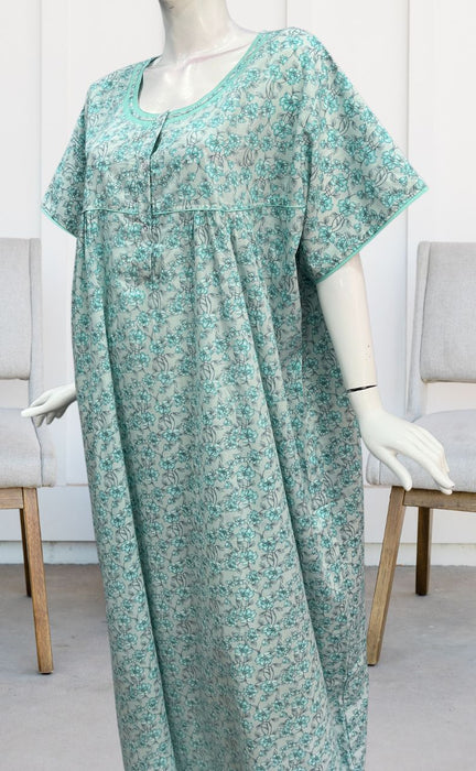 Sea Green/Grey Garden Soft Cotton Nighty. Soft Breathable Fabric | Laces and Frills - Laces and Frills