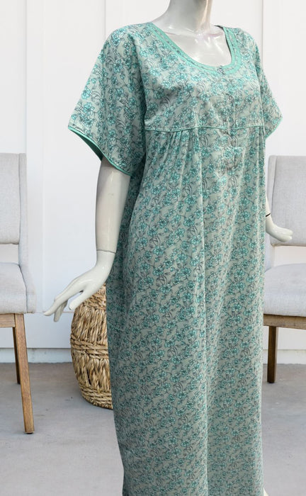 Sea Green/Grey Garden Soft Cotton Nighty. Soft Breathable Fabric | Laces and Frills - Laces and Frills