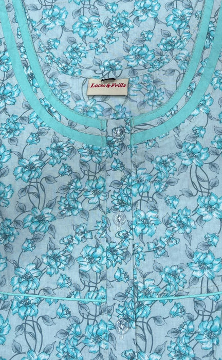 Sea Green/Grey Garden Soft Cotton Nighty. Soft Breathable Fabric | Laces and Frills - Laces and Frills