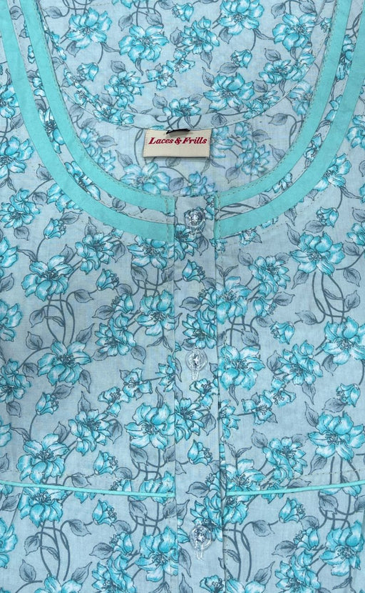 Sea Green/Grey Garden Soft Cotton Nighty. Soft Breathable Fabric | Laces and Frills - Laces and Frills