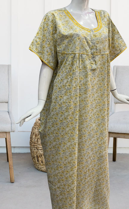 Yellow/Grey Garden Soft Cotton Nighty. Soft Breathable Fabric | Laces and Frills - Laces and Frills