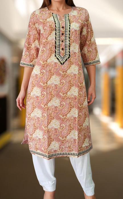 Peach/Mustard Jaipuri Cotton Kurti. Pure Versatile Cotton. | Laces and Frills