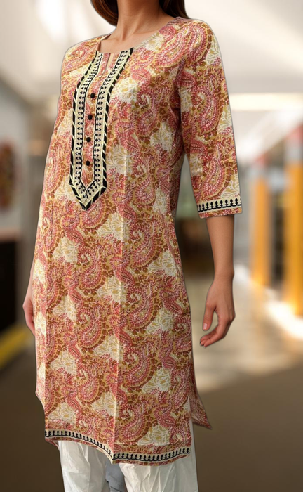 Peach/Mustard Jaipuri Cotton Kurti. Pure Versatile Cotton. | Laces and Frills