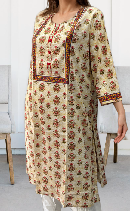 Off White/Peach Pink Floral Motif Jaipuri Cotton Kurti. Pure Versatile Cotton. | Laces and Frills