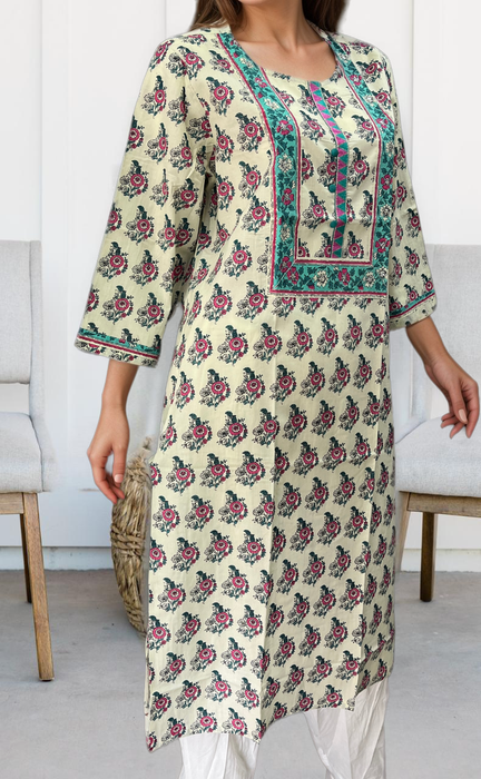 White/Sea Green Floral Motif Jaipuri Cotton Kurti. Pure Versatile Cotton. | Laces and Frills