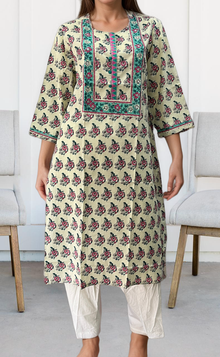 White/Sea Green Floral Motif Jaipuri Cotton Kurti. Pure Versatile Cotton. | Laces and Frills