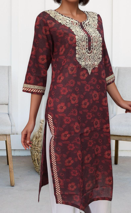 Dark Maroon Embroidery Jaipuri Cotton Kurti. Pure Versatile Cotton. | Laces and Frills