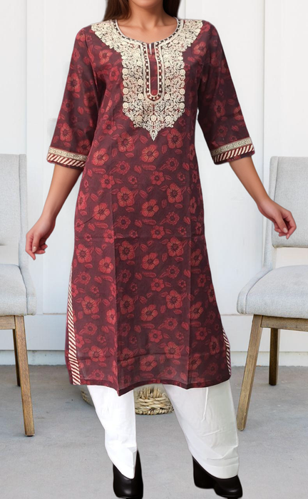 Dark Maroon Embroidery Jaipuri Cotton Kurti. Pure Versatile Cotton. | Laces and Frills