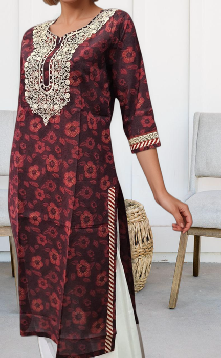 Dark Maroon Embroidery Jaipuri Cotton Kurti. Pure Versatile Cotton. | Laces and Frills