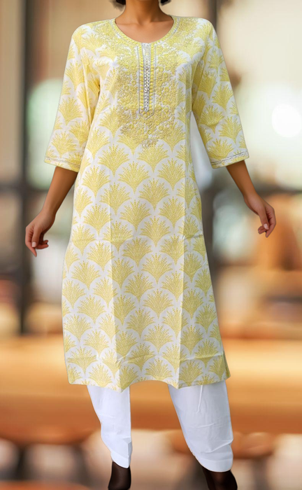 White/Yellow Embroidery Jaipuri Cotton Kurti. Pure Versatile Cotton. | Laces and Frills