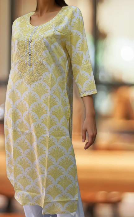 White/Yellow Embroidery Jaipuri Cotton Kurti. Pure Versatile Cotton. | Laces and Frills