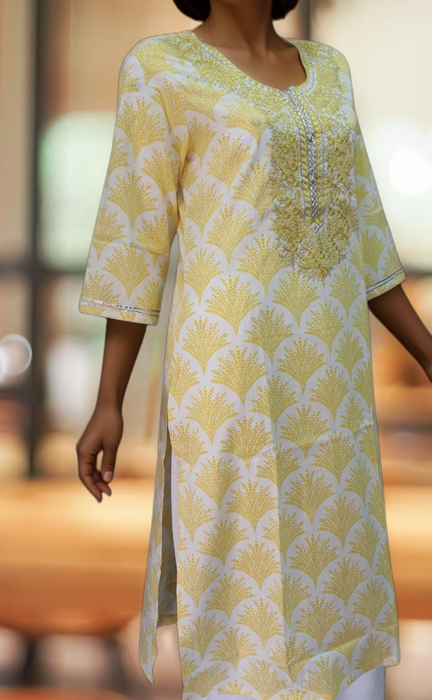 White/Yellow Embroidery Jaipuri Cotton Kurti. Pure Versatile Cotton. | Laces and Frills