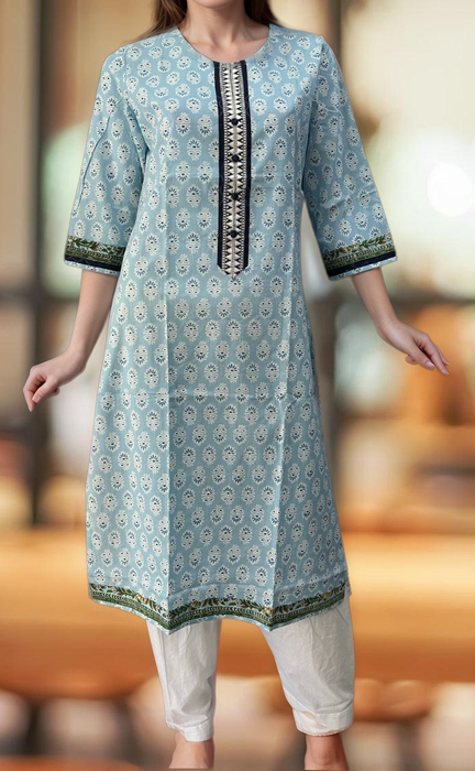 Light Blue Flora Jaipuri Cotton Kurti. Pure Versatile Cotton. | Laces and Frills