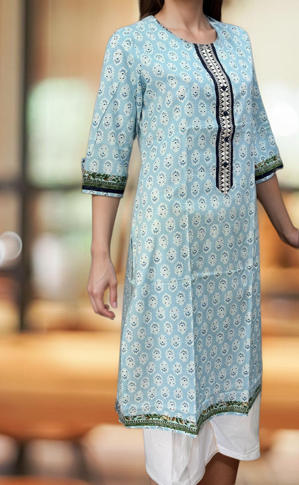 Light Blue Flora Jaipuri Cotton Kurti. Pure Versatile Cotton. | Laces and Frills